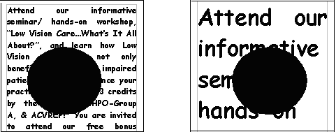 a box of small text and a box of large text each obscured by a black oval of the same size